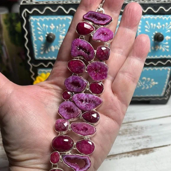 Solar Agate & Ruby Bracelet Handmade Stone Gemstone 925 Silver Large Ethnic New